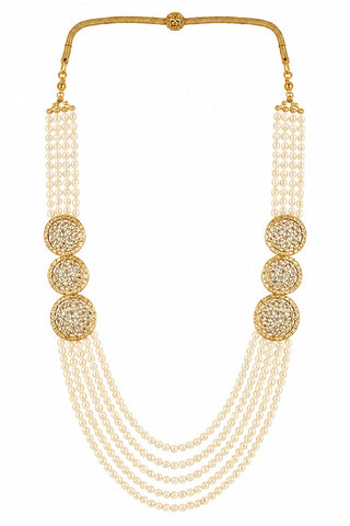 Flat product view of the white multi-layer pearl groom mala with gold medallions showing circular gold-plated medallions at Mrs. G