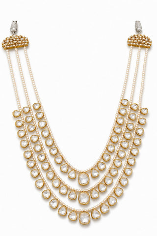 Flat product view of the white three-layer pearl kundan groom mala showing graduated white kundan-style stones at Mrs. G