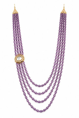 Flat product view of the amethyst purple four-layer beaded kundan groom mala showing one-sided kundan-style motif at Mrs. G