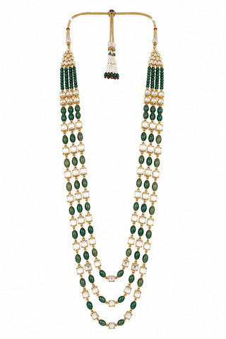 Flat product view of the emerald green three-layer beaded kundan long mala showing square kundan-style accents at Mrs. G