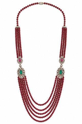 Flat product view of the ruby red multi-layer beaded kundan groom mala showing kundan-style motifs with green and pink accents at Mrs. G