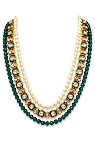 Flat product view of the emerald green and gold three-layer pearl kundan groom mala showing gold-plated settings at Mrs. G
