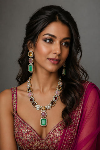 Necklace Set Contemporary Wear - Gold Multicolor Gemstone Statement by Vivinia by Vidhi Mehra