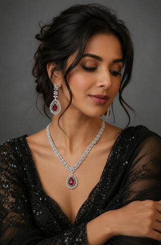 Necklace Set Contemporary Wear - Silver Teardrop CZ Look by Vivinia by Vidhi Mehra