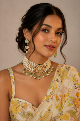 Choker Necklace Indian Wedding - Gold Floral Pearl Kundan by Vivinia by Vidhi Mehra