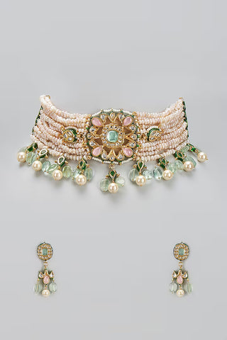 Choker Necklace Indian Wedding - Gold Floral Pearl Kundan by Vivinia by Vidhi Mehra