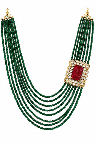 Flat product view of the emerald green layered beaded groom mala with red stone motif showing side-set carved red stone motif at Mrs. G