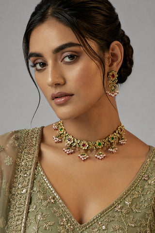Choker Necklace Indian Wedding - Gold Navratna Floral Choker by Vivinia by Vidhi Mehra