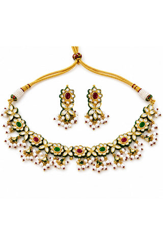 Choker Necklace Indian Wedding - Gold Navratna Floral Choker by Vivinia by Vidhi Mehra