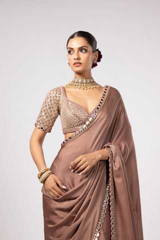 Beige noorani satin saree with sweetheart neck blouse