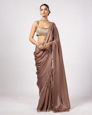 Beige noorani satin saree with square neck blouse