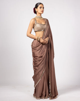 Beige noorani satin saree with square neck blouse