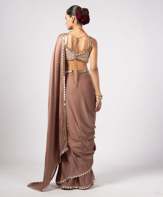 Beige noorani satin saree with square neck blouse