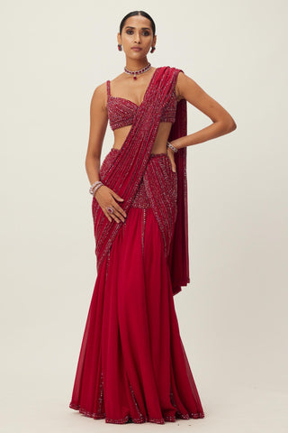 Red maya pre-draped crystal embellished saree set