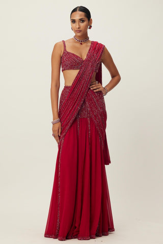 Red maya pre-draped crystal embellished saree set