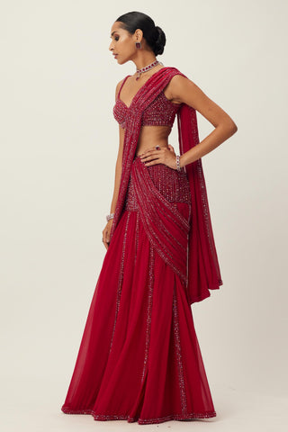 Red maya pre-draped crystal embellished saree set