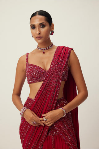 Red maya pre-draped crystal embellished saree set