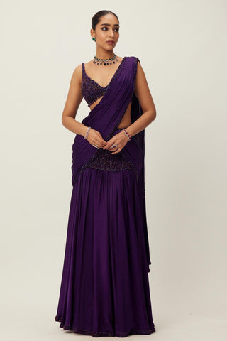 Purple maya pre-draped crystal beaded saree set