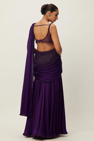 Purple maya pre-draped crystal beaded saree set