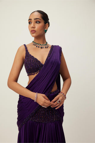 Purple maya pre-draped crystal beaded saree set