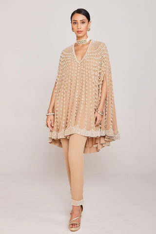 Cape Set for Contemporary Wear – Beige Asymmetrical with Pants by Vvani By Vani Vats