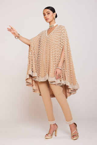 Cape Set for Contemporary Wear – Beige Asymmetrical with Pants by Vvani By Vani Vats