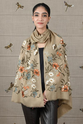 Stole Indian Wedding Wear - Beige Vintage Botanical Fine Wool Silk by Mauli