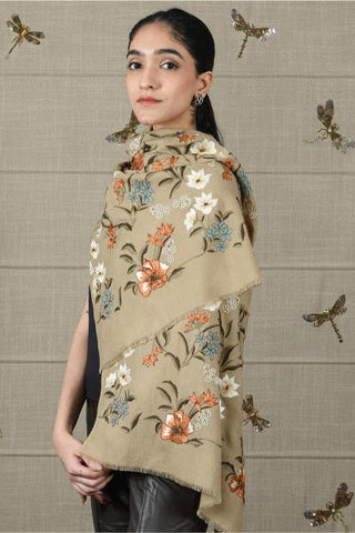 Stole Indian Wedding Wear - Beige Vintage Botanical Fine Wool Silk by Mauli