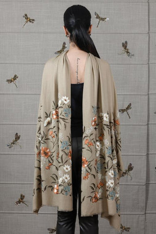 Stole Indian Wedding Wear - Beige Vintage Botanical Fine Wool Silk by Mauli