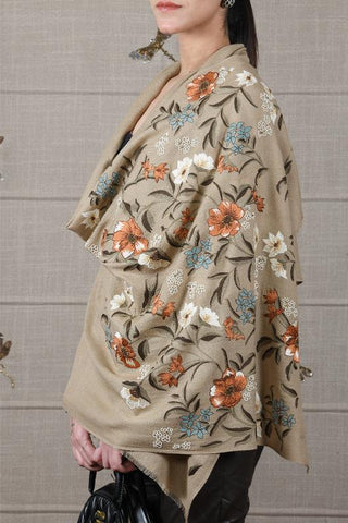 Stole Indian Wedding Wear - Beige Vintage Botanical Fine Wool Silk by Mauli
