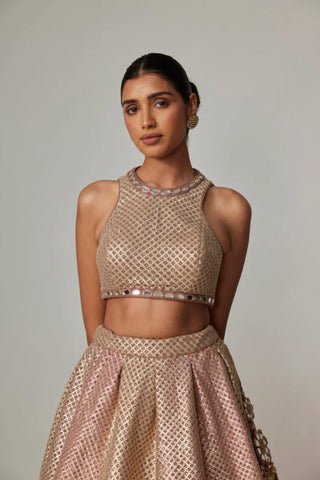 Beige noorani crop top with lehenga