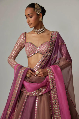 Pink multicolor noorani lehenga with sweetheart blouse