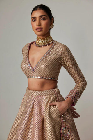 Beige noorani lehenga with crop top