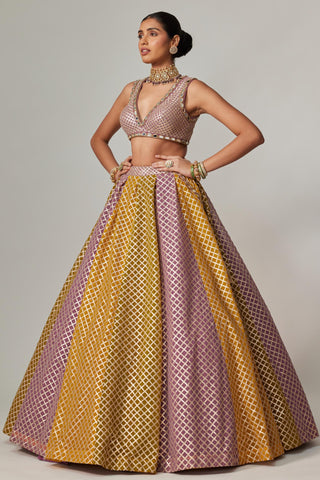 Yellow multicolor noorani blouse and lehenga