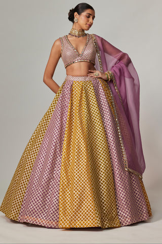 Yellow multicolor noorani crop top with dupatta