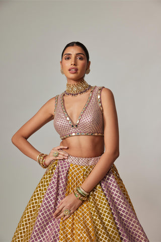 Yellow multicolor noorani  blouse and lehenga