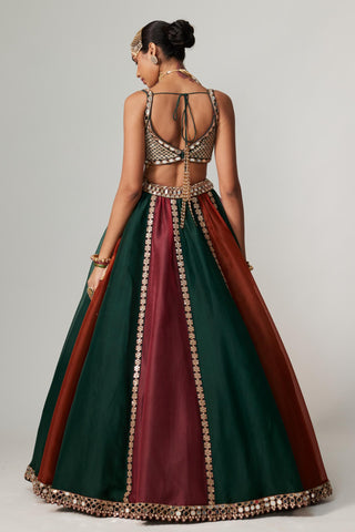 Maroon noorani multicolor linear lehenga with blouse and dupatta