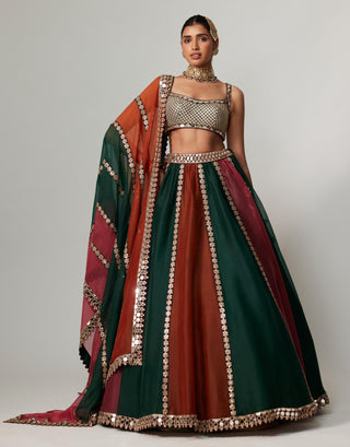 Maroon noorani multicolor linear lehenga with blouse and dupatta