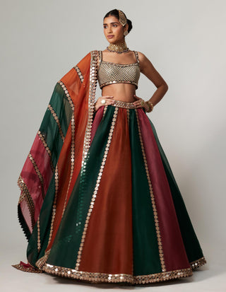 Maroon noorani multicolor linear lehenga with blouse and dupatta
