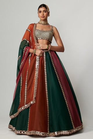 Maroon noorani multicolor linear lehenga with blouse and dupatta