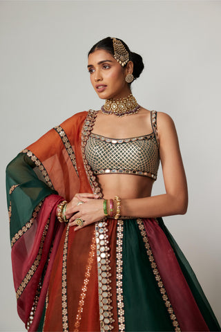 Maroon noorani multicolor linear lehenga with blouse and dupatta