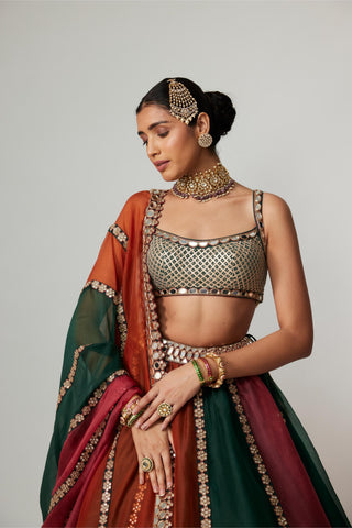Maroon noorani multicolor linear lehenga with blouse and dupatta