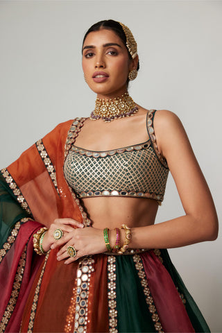 Maroon noorani multicolor linear lehenga with blouse and dupatta