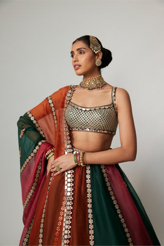 Maroon noorani multicolor linear lehenga with blouse and dupatta