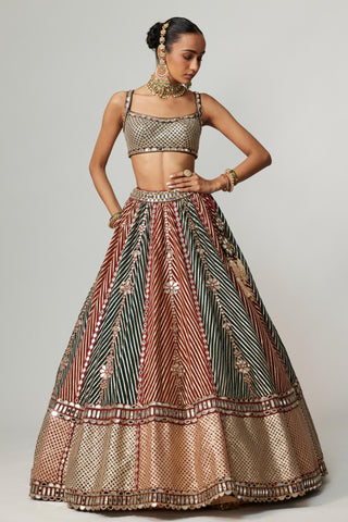 Maroon noorani multicolor linear flower lehenga with square neck blouse