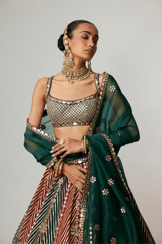 Maroon noorani multicolor linear flower lehenga with square neck blouse