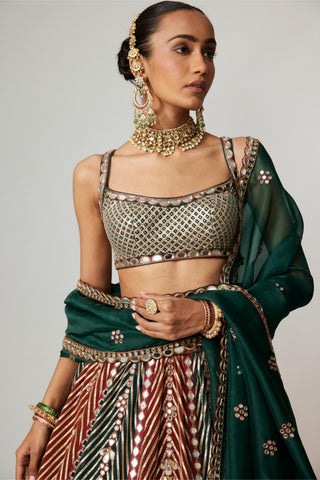 Maroon noorani multicolor linear flower lehenga with square neck blouse