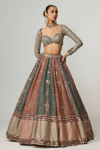 Maroon noorani flower linear lehenga with full sleeve blouse