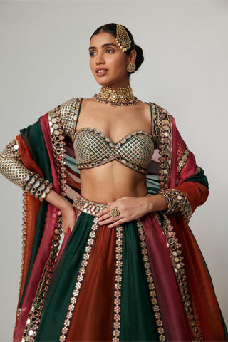 Maroon noorani multicolor linear lehenga with blouse
