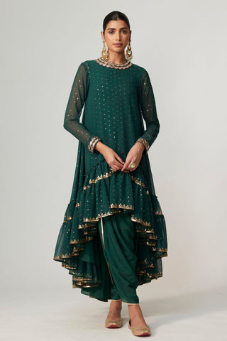 Green noorani kurta with dupatta and dhoti